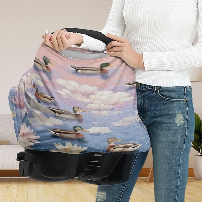 Binienty Baby Car Seat Cover - Lotus Duck Animal Print Multi-Use Car Seat Canopy Carrier Cover for Baby Boys Girls Shower Gifts