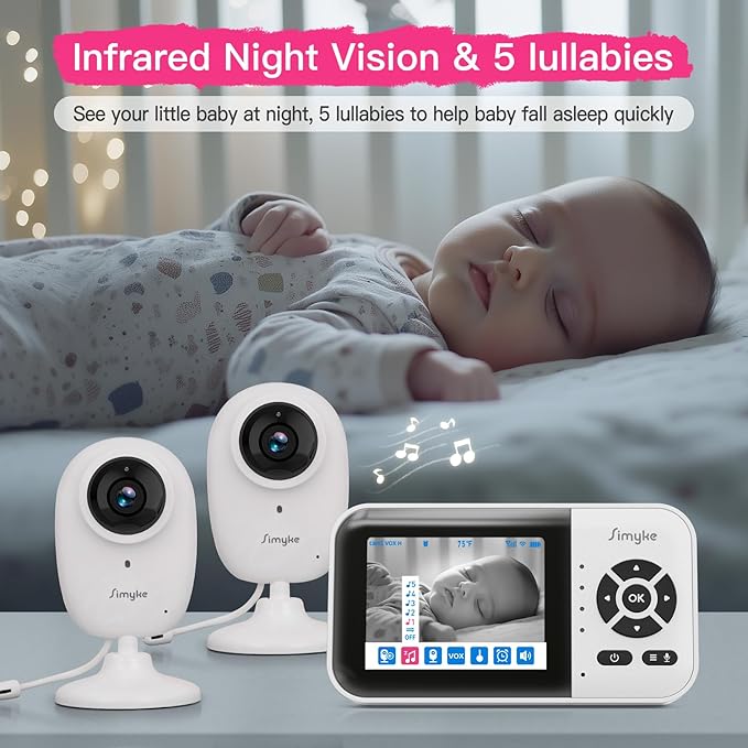 1080p Smart AI 2 Camera Video Baby Monitor,WiFi Switch,2.8" inch Display or WiFi Remote Access,Night Vision,1500ft Long Range,2-Way Talk,Sound Alert,Temperature Sensor,Lullabies Feeding Remind