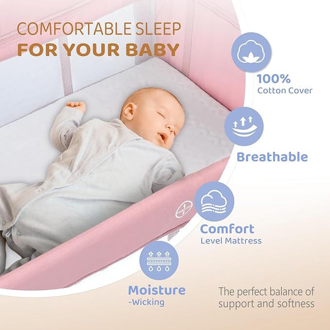 JOYMOR 7 in 1 Bedside Bassinet with Changing Table, Baby Girl Bassinet, Pink Bedside Sleeper with Mattress, Sheet, Canopy, Storage Shelf