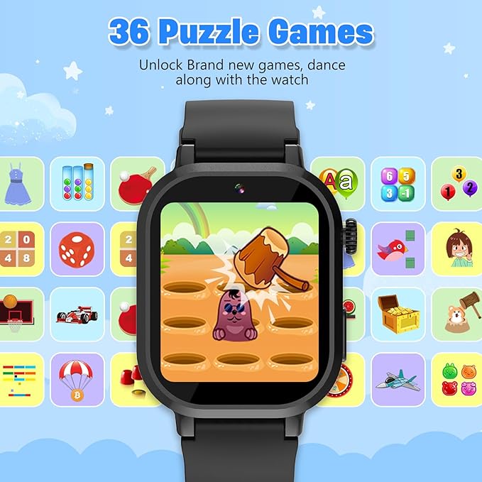 Kids Waterproof Smart Watch Boys Gift Age 3-12 with 39 Game HD Touch Screen Music Player Video Camera Pedometer Alarm Clock Birthday Gift for 6 7 8 9 Year Olds Black