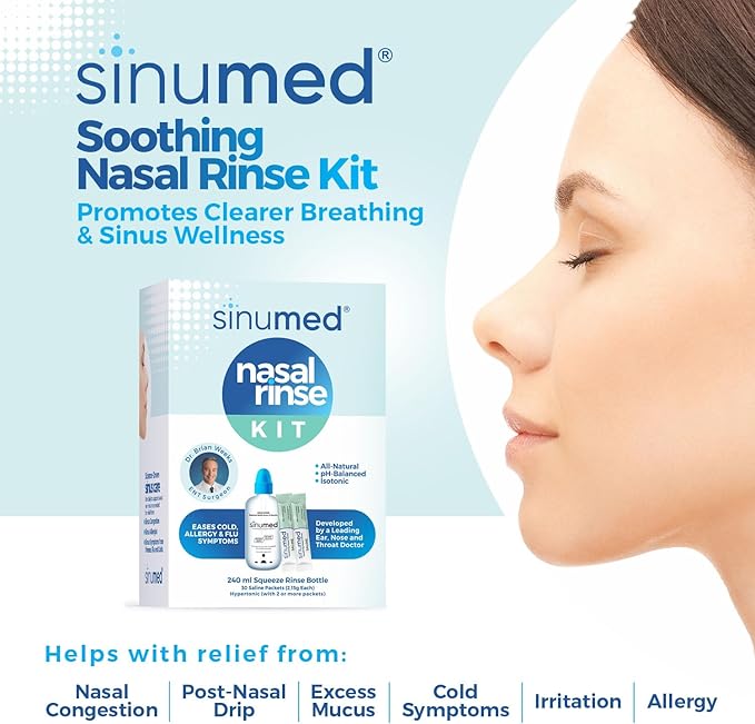 Sinus Rinse Kit, 30PK Nasal Rinse Packets with Saline, Squeeze Bottle, Alternative to Neti Pot, Helps with Allergy, Congestion, Cold Symptoms (30PK, Squeezable Bottle and Saline Only)