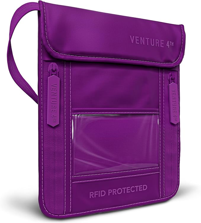 VENTURE 4TH Passport Holder Neck Wallet with RFID Blocking Nylon Lining - Hidden Neck Pouch for Travel (Sleek Purple)