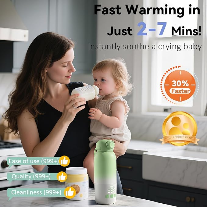 Portable Bottle Warmer, Large 12oz Capacity with Dual Heating Modes for Breast Milk & Water, Smart Temperature Control, Long Battery Life, Bottle Warmer for Outdoor, Airplane & Car Travel, Green