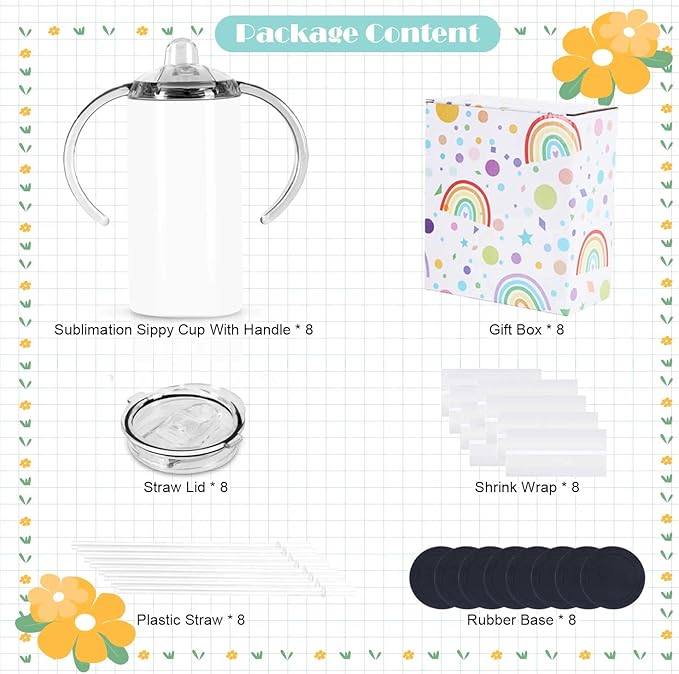 12 Oz Sippy Cup Tumblers 8 Pack With Handle, Straight Sublimation Blanks Kids Tumbler, Stainless Steel Sublimation Todder Water Bottle