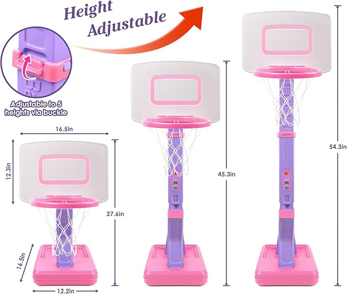 Super Joy Toddler Girl Basketball Hoop - Adjustable Kids Ball Hoop Set for Indoor - Portable Pink Mini Basketball Goal Outdoor Outside Pool Sport Toys Gifts for Baby Boys Age 1-3 2-4 3-5