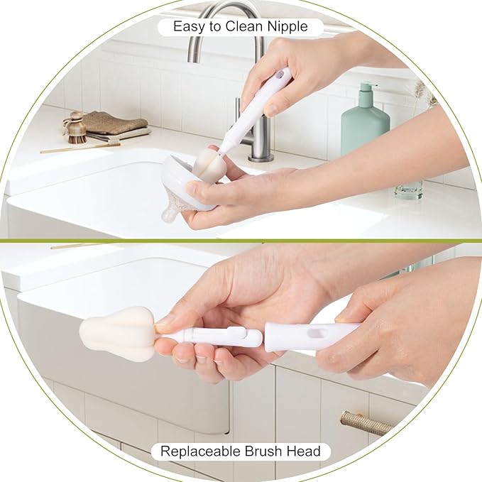 5-in-1 Baby Bottle Brush Kit, Silicone Bottle Brush for Baby Bottle and Breast Pumps, Sponge Nipple Brush with Replaceable Brush Head, Straw Brushes, Green