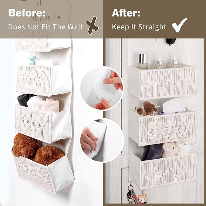 ANTIS'S HOME Over The Door Organizer Boho Bedroom Decor Nursery Storage with 3 Large Woven Pockets, Macrame Nursery Organizers and Toys Storage, Behind Door for Bathroom, Beige Back of Door Organizer