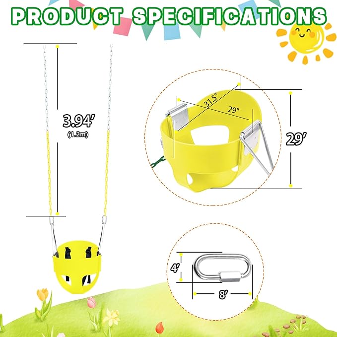 High Back Full Bucket Toddler Swing Seat with 3- Point Adjustable Safety Harness, 66 inch Detachable Chain,Suitable for Babies Aged 6-24 Months，Baby Swing for Swingset (Yellow)
