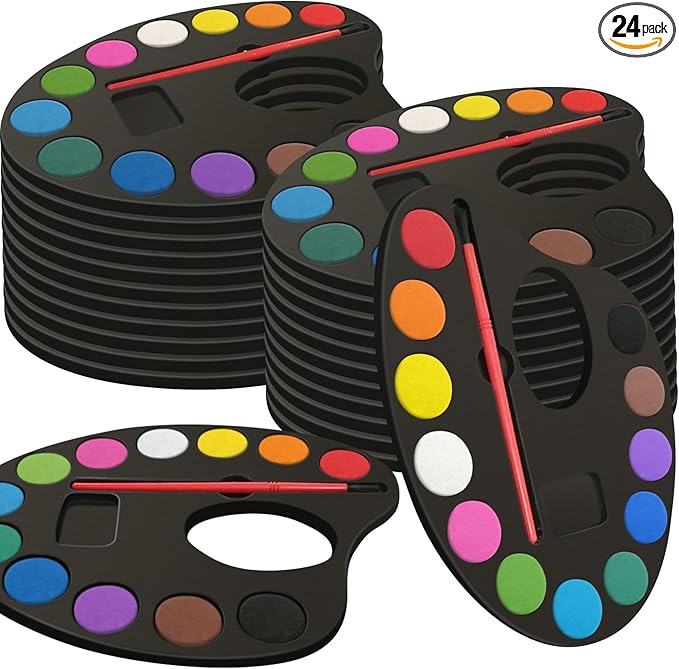 24 Pack Watercolor Paint Set Bulk, with 12 Vibrant Colors and 24 Brushes, Washable Water Color Paint Sets for Kids and Adults, Ideal Gift for Art Party Favors, School Classroom Supplies