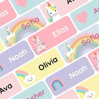 Personalized Name Labels for Kids (120) – Custom Waterproof & Durable Stickers for Clothing, Daycare, Office & School Supplies - Unicorns