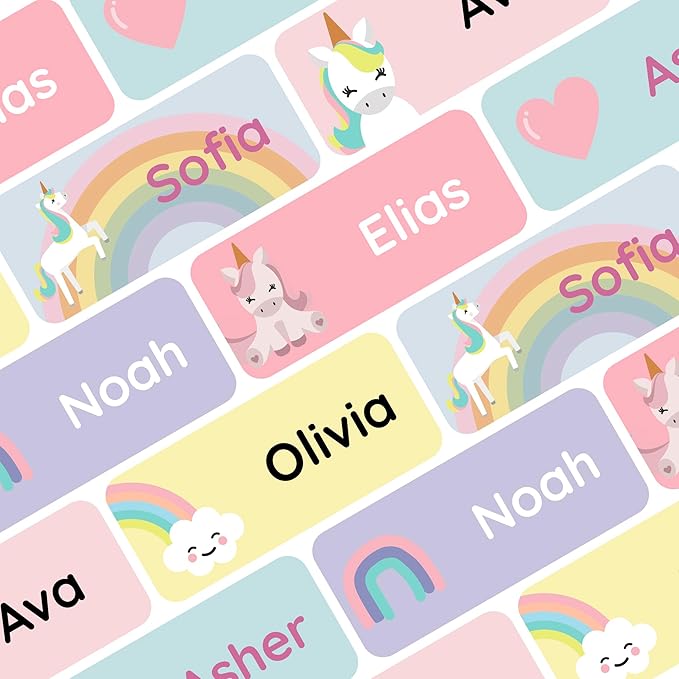 Personalized Name Labels for Kids (60) – Custom Waterproof & Durable Stickers for Clothing, Daycare, Office & School Supplies - Unicorns