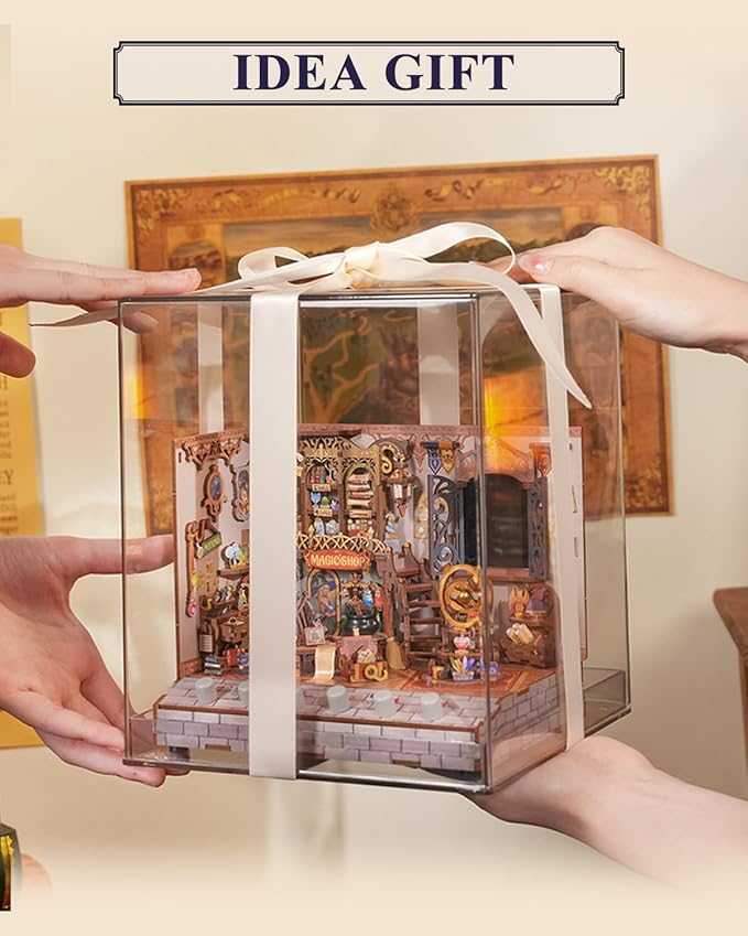 Tonecheer DIY Miniature House Kit, Wooden Dollhouse Kit with White Noise,Tiny Diorama House Building Set with Electronic Screen Craft Kits Make for Aduls (Magic Shop)