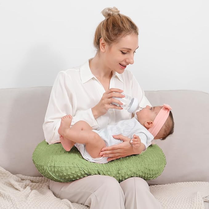 Nursing Pillow and Positioner, Breastfeeding, Bottle Feeding, Baby Sitting Support with Removable Ultra Soft Cover, Tummy Time Support for Baby Boys and Girls (Sage)