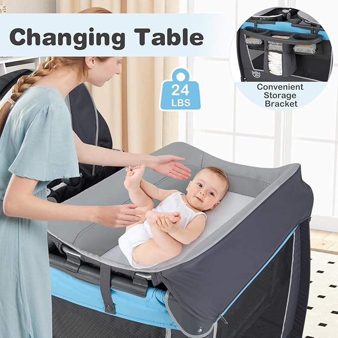 BABY JOY 5 in 1 Pack and Play, Portable Nursery Center Baby Playard w/Bassinet & Diaper Changing Table, Infant Bassinet Activity Center with Toys, Music, Oxford Bag for Toddlers (Royal Blue, Classic)