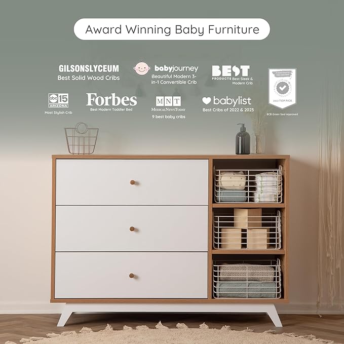 dadada Central Park 3-Drawer Dresser with Open Shelving - Modern Design, Baby-Safe Finish, Forged Steel Support, Sturdy Wood Legs, for Nursery, Kids or Teen Room, 47” Wide (White+Red Oak)