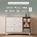 dadada Central Park 3-Drawer Dresser with Open Shelving - Modern Design, Baby-Safe Finish, Forged Steel Support, Sturdy Wood Legs, for Nursery, Kids or Teen Room, 47” Wide (White+Red Oak)