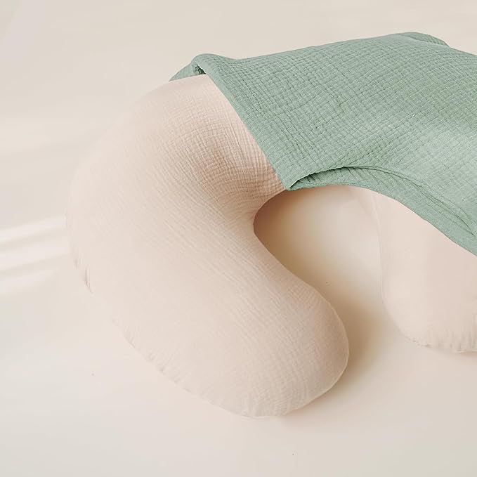Konssy 2-Pack Muslin Nursing Pillow Covers, Soft & Adorable Nursing Covers for Breastfeeding Pillows, Slipcovers for Newborn Boys & Girls(Cream, Green)