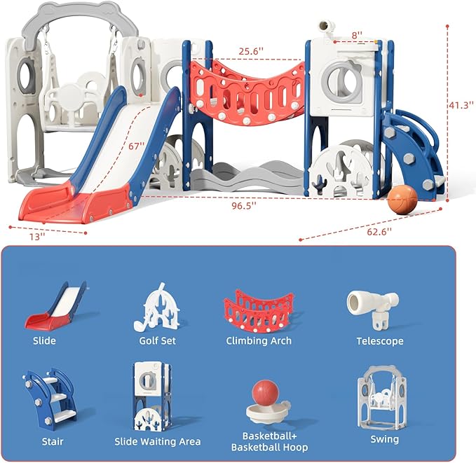 KORIMEFA 11 in 1 Toddler Slide and Swing Set, Kids Slide for Toddlers, Outdoor Indoor Playground for Toddlers 1-3, Toddler PlaySet with Basketball Hoop and Ball Golf Set, Climbing Arch(Red & Blue)