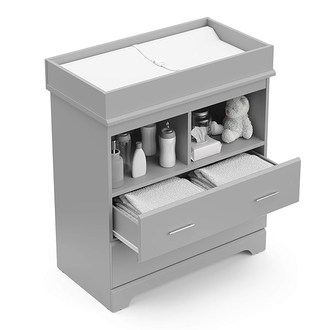 Storkcraft Brookside 2 Drawer Changing Table Dresser (Pebble Gray) – GREENGUARD Gold Certified, Easy-to-Match Chest of Drawers and Cubbies for Nursery and Kids Bedroom, Includes Changing Table Topper
