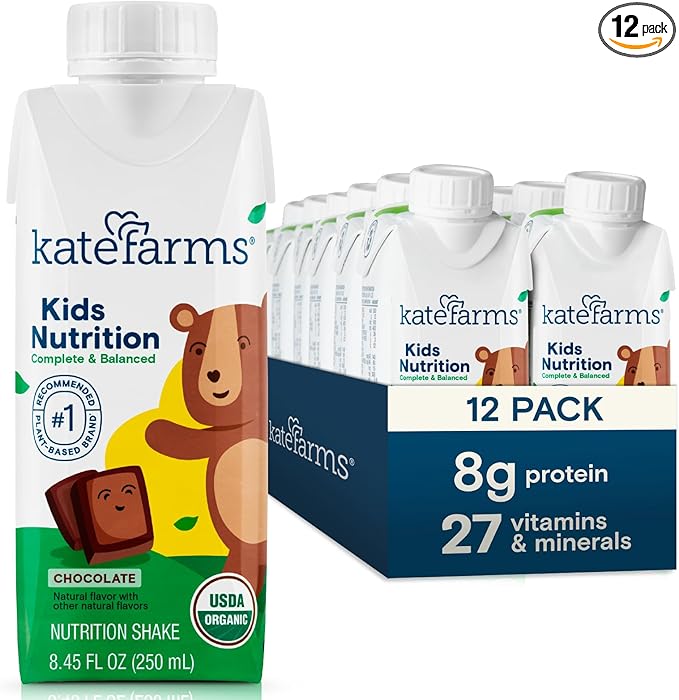 KATE FARMS Organic Kids Nutrition Chocolate Shake, 8g Protein, 27 Vitamins and Minerals, Meal Replacement, Gluten Free, Non-GMO, 8.45 oz (12 Pack)