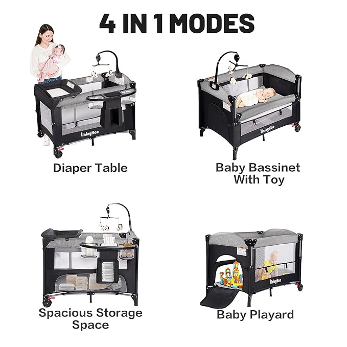 4 in 1 Height Adjustable Baby Playard, Foldable Nursery Center with Music Box Toy Rack, Side Storage, Changing Table, Large Portable Playpen for Newborns and Toddlers（Gray）