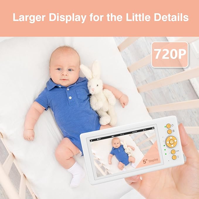 Baby Monitor No WiFi, 5" 720P HD Screen Baby Monitor with Camera and Audio with 30hrs Long Battery Life, Baby Camera Monitor Two-Way Talk, VOX, Infrared Night Vision, Temperature Monitoring