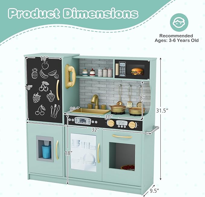 HONEY JOY Kids Kitchen Playset, Wooden Little Chef Pretend Toy Kitchen Set w/Chalkboard, Telephone, Utensils, Oven, Microwave, Sink, Storage, Play Kitchen for Toddlers Boys Girls, Green