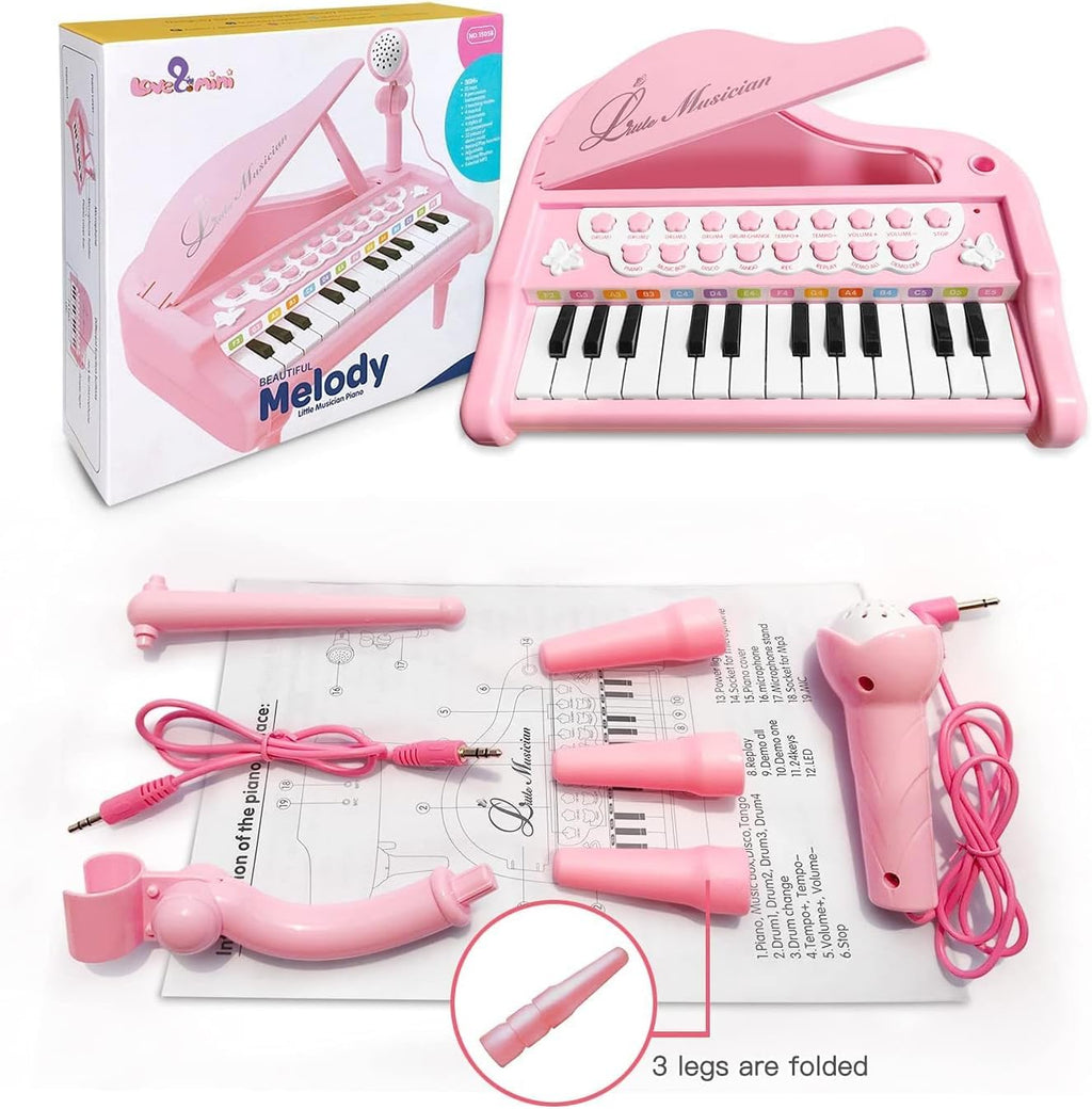 Love&Mini Piano Keyboard Toy for Girls - 24 Keys Toddler Music Toy Instrument with Microphone, Pink Piano Toy for 1 2 3 Years Old Girls Birthday Gift