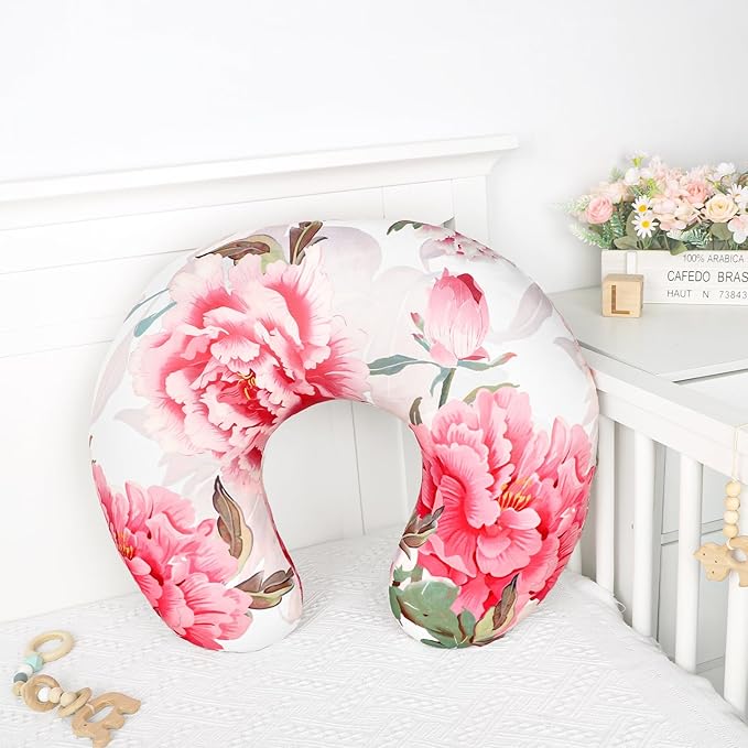 Nursing Pillow Cover, Breastfeeding Pillow Cover Stretchy Removable Feeding Pillowcase for Newborn, Ultra Soft and Comfortable Nursing Pillow Slipcover for Baby Girls Boys, Pink Peony Floral
