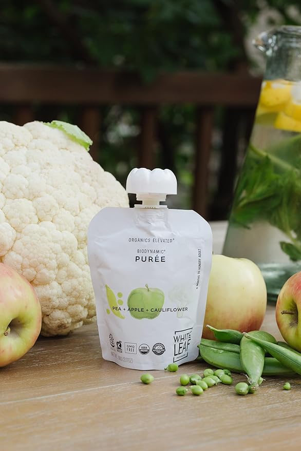 White Leaf Provisions Organic Purees / Baby Food Pouches - Fruits, Veggies & Grains, Toddler snack, Regeneratively Farmed, No Added Sugar, Non-GMO, BPA-Free Pouches 3.17 oz (Pack of 24) Pea + Apple + Cauliflower)
