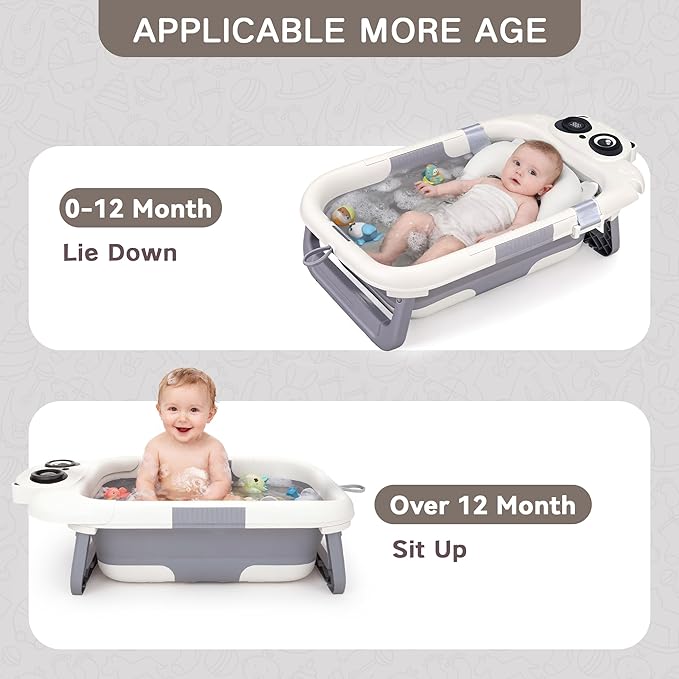 Collapsible Baby Bathtub for Newborn to Toddler (0-24 Months), Portable Baby Bath Tub for Travel, Newborn Bathtub with Soft and Supportive Cushion (Panda-Gray)