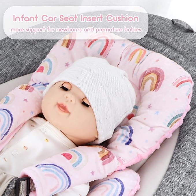 Infant Car Seat Insert, Car Seat Head Support Baby Girls Boys, Soft & Reversible Newborn Carseat Insert Cushion with 2 Strap Covers, for Stroller, Swing, Bouncer (Pink Rainbow)