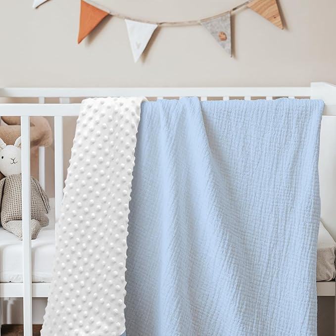 Baby Blankets for Boys, Soft Nursery Minky Blankets with Muslin and Dotted Fleece Back 30x40 inches, Receiving Bed Quilt for Newborn, Infants, Toddlers (Light Blue)