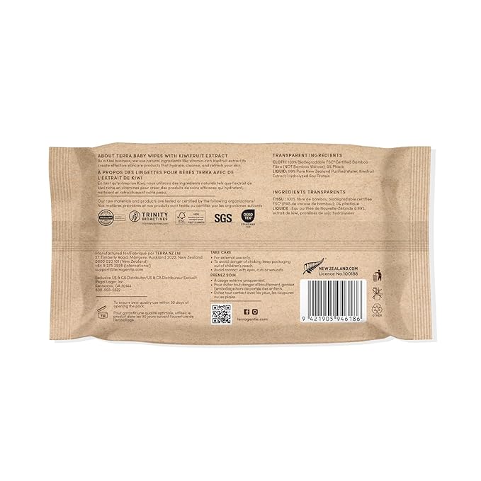 Terra Bamboo Baby Wipes: Kiwifruit Extract, 99.5% Pure New Zealand Water, 100% Biodegradable Bamboo Fiber, 0% Plastic, Unscented Baby Wipes for Sensitive Skin, 1 Pack of 70 Wipes