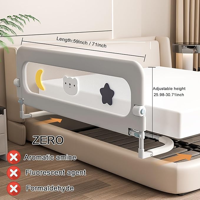 U Type Toddler Bed Rail Guard, Foldable Bed Rails for Toddlers, Adjustable, Safety, Convenient, Guard Rail with Twin, Full, Queen& King Size (Grey Patchwork, 71inch)