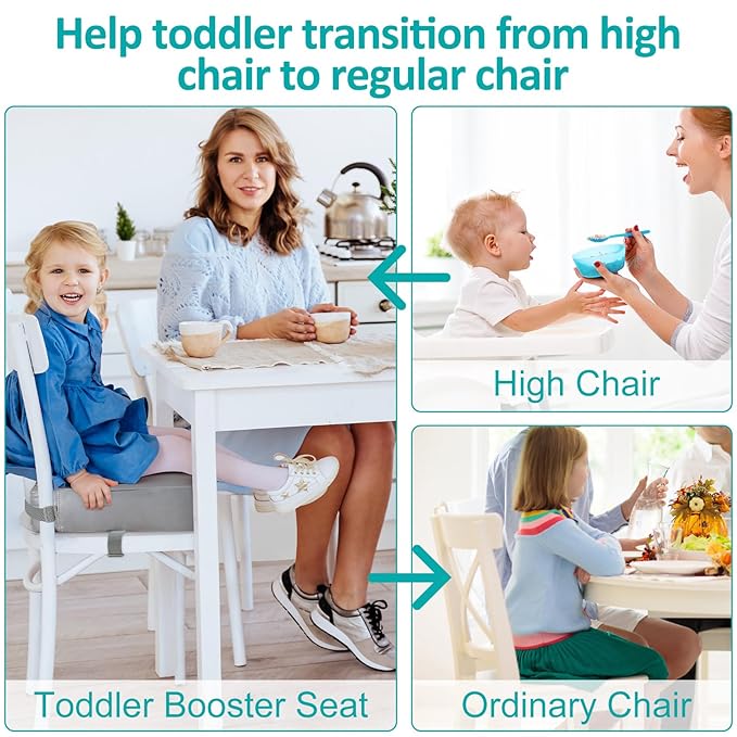 Toddler Booster Seat for Dining Table, Stronger Support Non-Slip Bottom Booster Seat for Kitchen Chair 2 Adjustable Straps Portable Travel and Home Increasing Booster Cushion Kid Baby(Grey)
