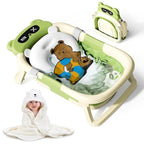 Collapsible Baby Bathtub for Newborn to Toddler (0-18 Month) - Portable Baby Bath Tub for Travel, Newborn Bathtub with Soft Towel and Floating Cushion (Green)