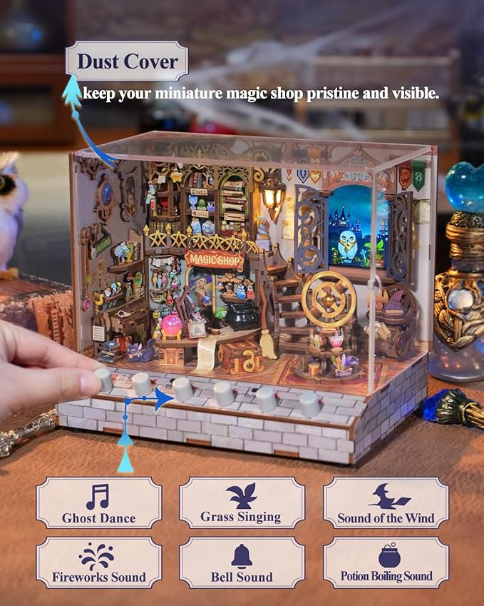 Tonecheer DIY Miniature House Kit, Wooden Dollhouse Kit with White Noise,Tiny Diorama House Building Set with Electronic Screen Craft Kits Make for Aduls (Magic Shop)