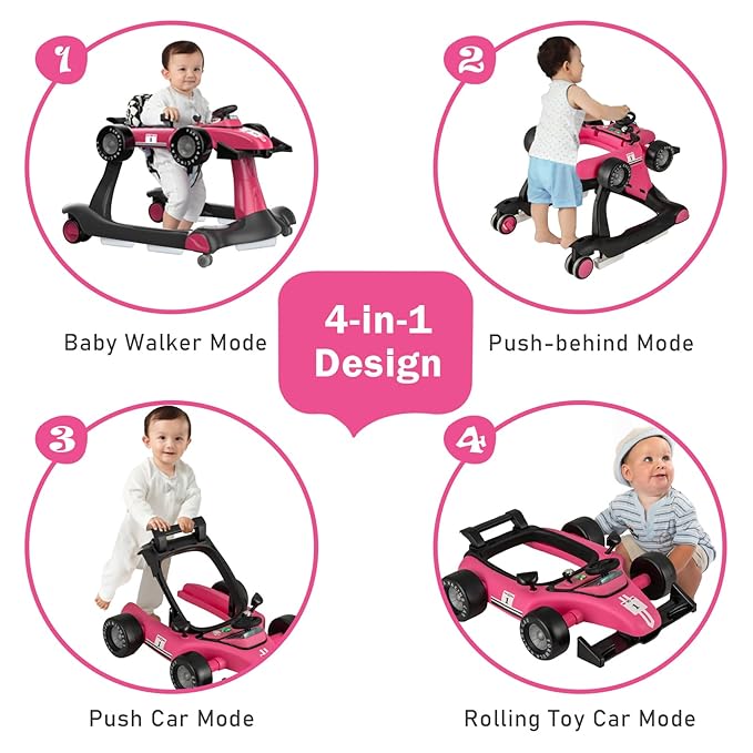 BABY JOY 4-in-1 Baby Walker, Foldable Activity Walker with Adjustable Height & Speed, Music, Lights, Steering Wheel, Comfy Seat Cushion, Activity Baby Push Walker for Boys Girls Aged 6 –18 (Pink)
