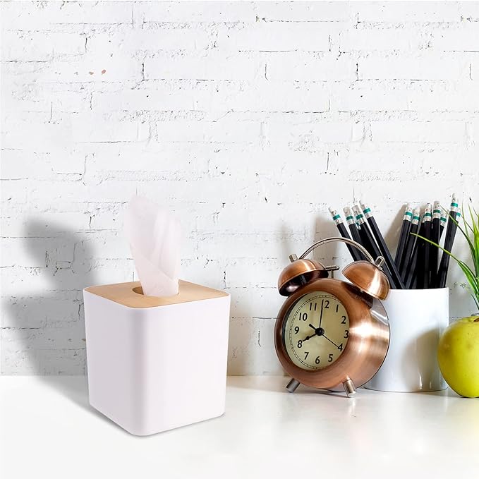MOCHTERO Tissue Box Cover,Tissue Holders,Tissue Box Holder for Bathrooms,Bamboo Cover Plate,Home and Office,5 * 5 * 5.4in (White)