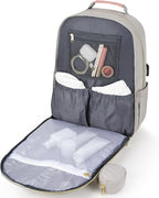 MOMUVO Diaper Bag Backpack, Quilted Baby Bag with Changing Pad and Stroller Straps and Pacifier Case, Multifunction Waterproof Travel Diaper Bags, Unisex, Light Grey and Pink