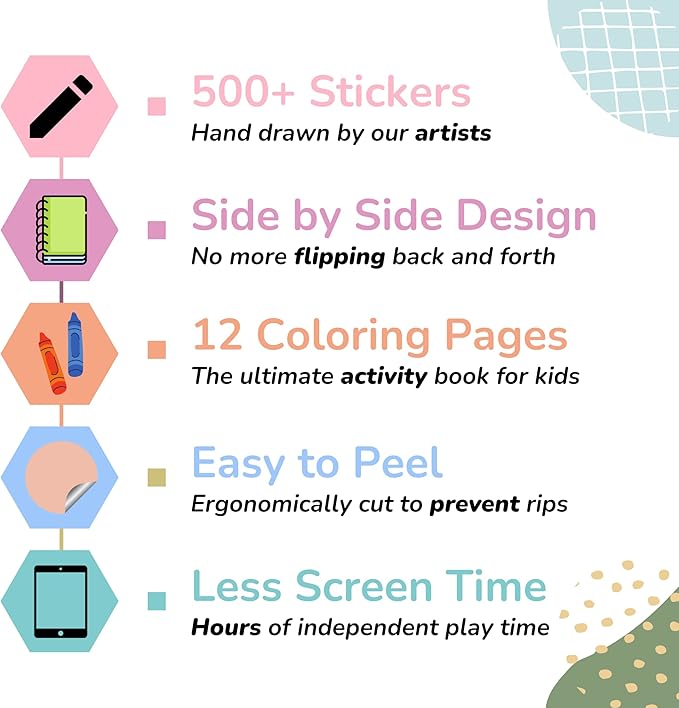 Girly Sticker Book Activity for Kids, Cute Foods Around Town by Cupkin, Toddler Airplane Travel Essentials, 500+ Stickers for Kids 12 Scenes + Coloring Book Pages, Crafts Ages 2-8