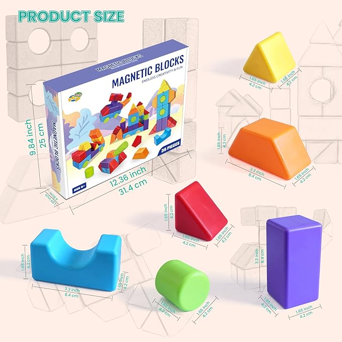 Magnetic Building Blocks in Multiple Shapes, 1.65 Inch Montessori Magnetic Block Set for Kids Ages 4 5 6 and Up, 36PCS Creative Learning Toys for Boys and Girls