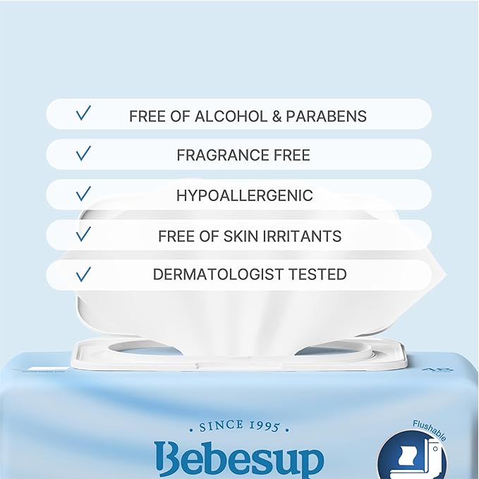 BEBESUP- Korea’s #1 Flushable Wipes- 100% Plant-Based Hypoallergenic Biodegradable 99% Water-Based Extra-Thick Organic Wipes Unscented for sensitive skin Flip-Top 432 Count (9 Packs)