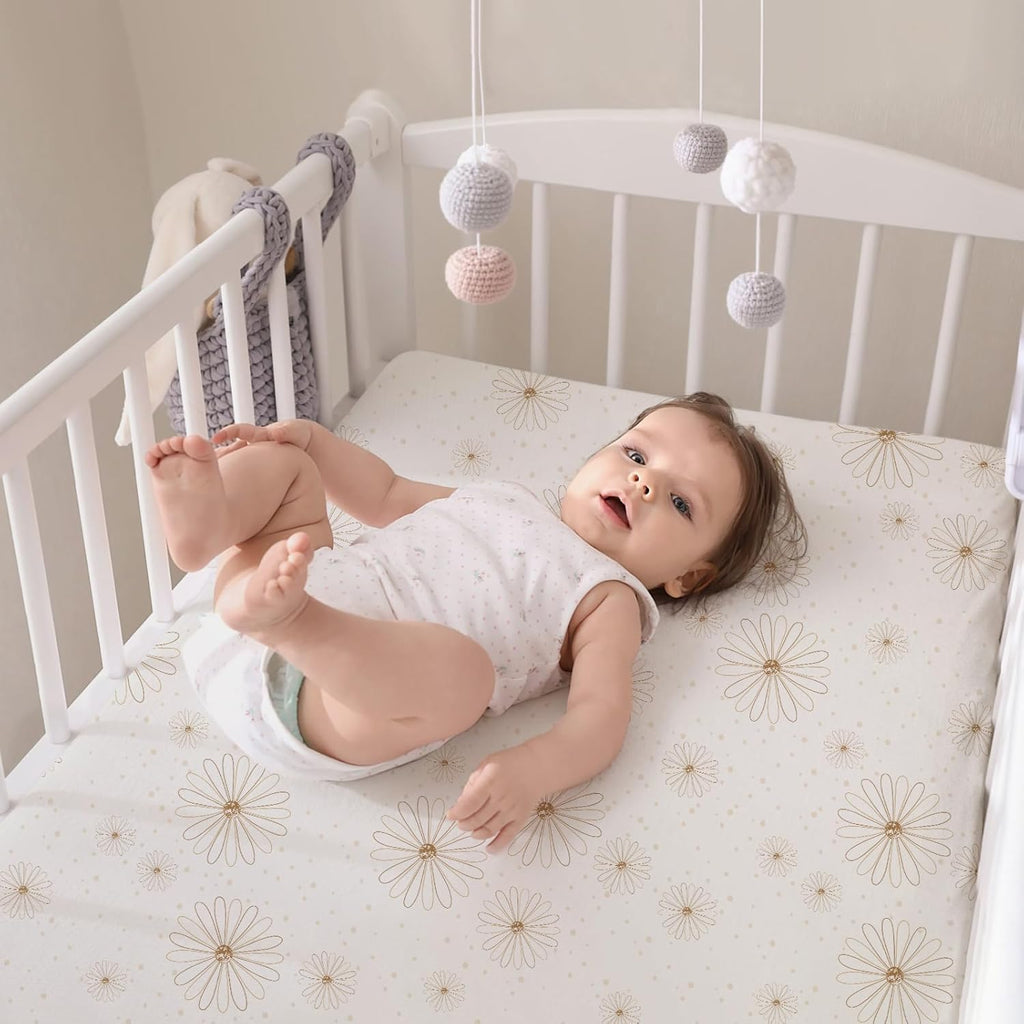 lulumoon Baby Muslin Crib Sheets - Toddler Cotton Fitted Crib Sheets Neutral for Boys and Girls 2Pack (Nudepink Daisy, Crib)