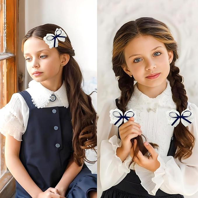 2pcs Navy Blue & White Lace Hair Bows, Alligator Bow Hair Clips, Handmade Hair Accessories