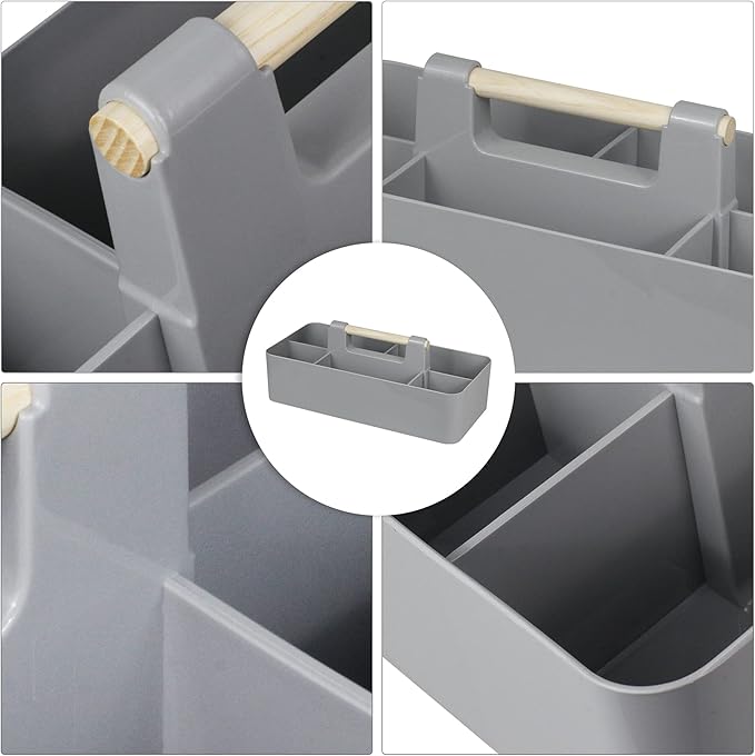 Baby Shower Caddy Plastic Nursery Portable Storage Organizer Caddy Tote for Child/Kids, Divided Basket Bin with Wood Handle for Bathroom, Dorm Room, Holdsn Bottles, Spoons, Gray