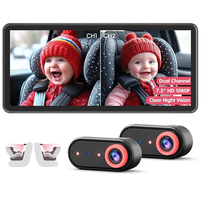 BM5PRO 7.2" Dual Camera Baby Monitor, 1080P HD Display for 2 Kids, Night Vision, Easy Install Car Baby Monitor, Ideal Gift, Rear Seat Safety for Babies & Pets