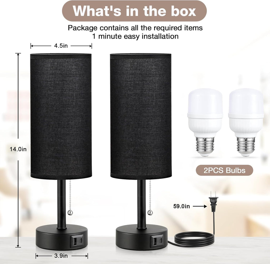 Black Bedside Lamps for Bedroom Set of 2 - Nightstand Table Lamp with USB Charging Port, Pull Chain Night Stand Light, Side Table Desk Reading Lamp for Living Room/Dorm/Bathroom/Kitchen