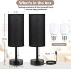 Black Bedside Lamps for Bedroom Set of 2 - Nightstand Table Lamp with USB Charging Port, Pull Chain Night Stand Light, Side Table Desk Reading Lamp for Living Room/Dorm/Bathroom/Kitchen